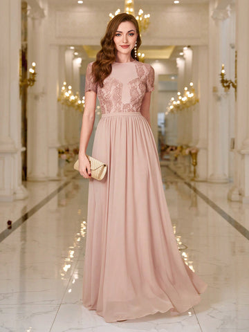 BABYONLINE D.R.E.S.S. Round-Neck Slim-Fit Lace Inserted High Waist Bridesmaid Dress