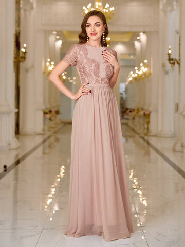 BABYONLINE D.R.E.S.S. Round-Neck Slim-Fit Lace Inserted High Waist Bridesmaid Dress