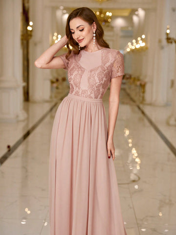 BABYONLINE D.R.E.S.S. Round-Neck Slim-Fit Lace Inserted High Waist Bridesmaid Dress