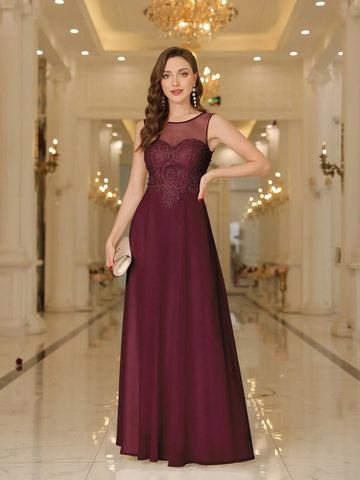 BABYONLINE D.R.E.S.S. Round Neck Sleeveless Embroidered And Beaded Waist-Cinching Evening Dress