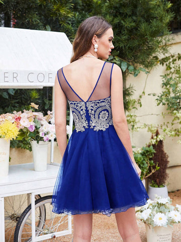 BABYONLINE D.R.E.S.S. Sleeveless Round Neck Embroidery & Mesh Patchwork A-Line Party Cocktail Dress With Waist Belt