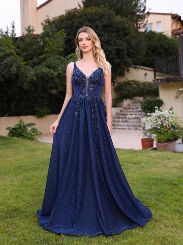 BABYONLINE D.R.E.S.S. Sparkly Sleeveless Embroidered Floral Applique Waist Cinching V-Neck Evening Dress With Flared Hem