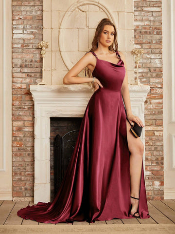 BABYONLINE D.R.E.S.S. Strap Sleeveless High Slit Waist Tie Evening Party Maxi Dress