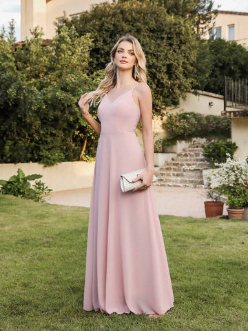 BABYONLINE D.R.E.S.S. V-Neck Lace Patchwork Waist Cinching Sleeveless Bridesmaid Dress