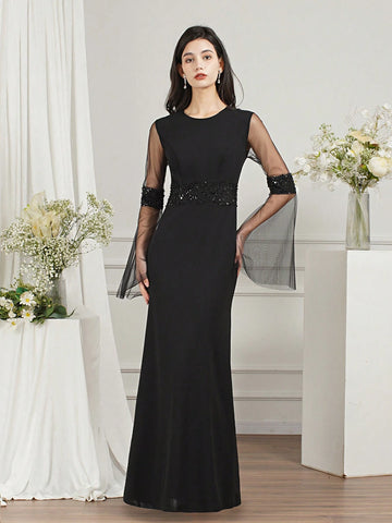 BABYONLINE D.R.E.S.S. Women's Round Neck Mesh Bell Sleeves Slim Fit Dress With Waist Tie, Formal