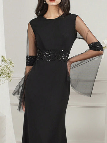 BABYONLINE D.R.E.S.S. Women's Round Neck Mesh Bell Sleeves Slim Fit Dress With Waist Tie, Formal