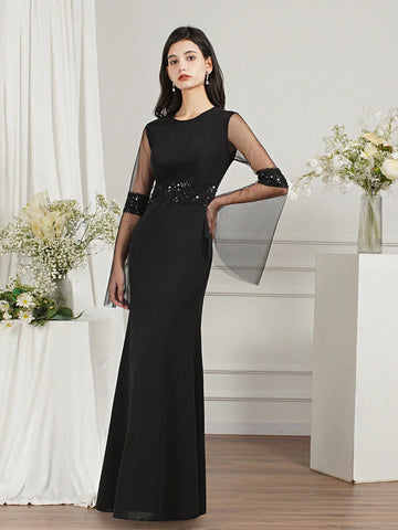 BABYONLINE D.R.E.S.S. Women's Round Neck Mesh Bell Sleeves Slim Fit Dress With Waist Tie, Formal