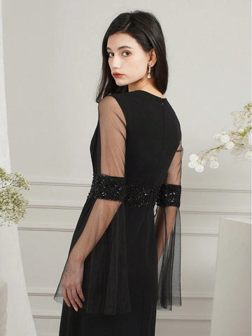 BABYONLINE D.R.E.S.S. Women's Round Neck Mesh Bell Sleeves Slim Fit Dress With Waist Tie, Formal