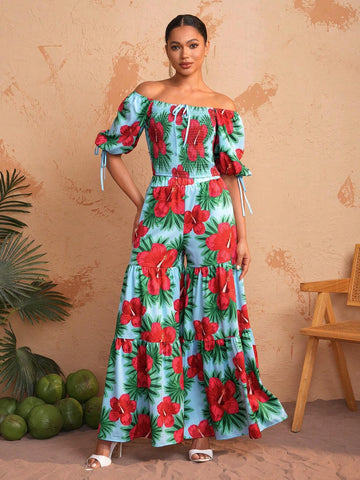 BELANGE HANDMADE Women Off-Shoulder Floral Print Bubble Sleeve Top With Square Neckline