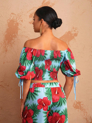 BELANGE HANDMADE Women Off-Shoulder Floral Print Bubble Sleeve Top With Square Neckline