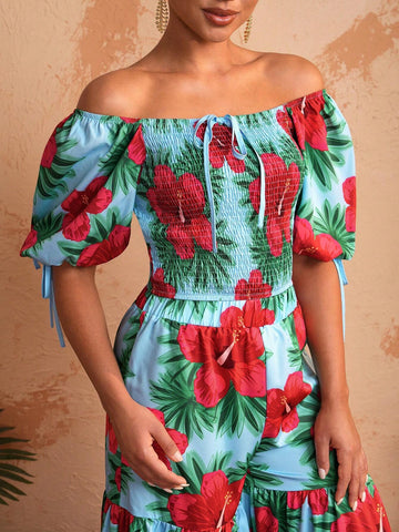 BELANGE HANDMADE Women Off-Shoulder Floral Print Bubble Sleeve Top With Square Neckline