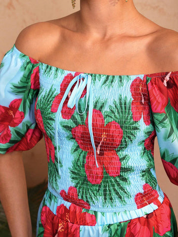 BELANGE HANDMADE Women Off-Shoulder Floral Print Bubble Sleeve Top With Square Neckline