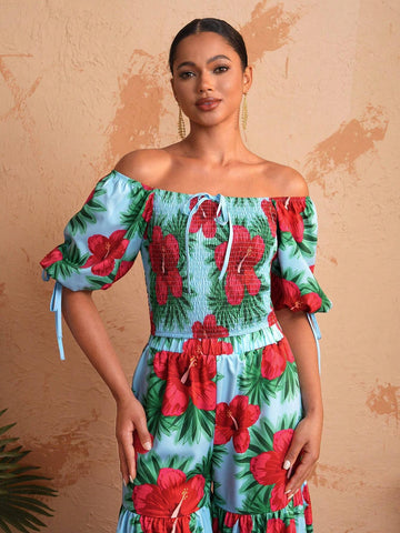 BELANGE HANDMADE Women Off-Shoulder Floral Print Bubble Sleeve Top With Square Neckline