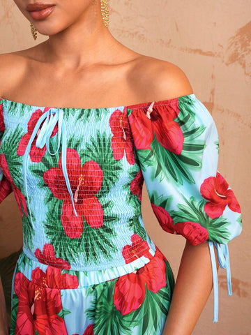 BELANGE HANDMADE Women Off-Shoulder Floral Print Bubble Sleeve Top With Square Neckline