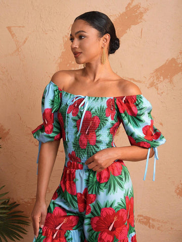 BELANGE HANDMADE Women Off-Shoulder Floral Print Bubble Sleeve Top With Square Neckline