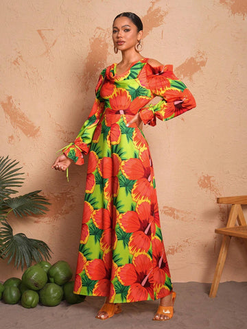 BELANGE HANDMADE Women Vacation Style V Neck Floral Print Wide Leg Jumpsuit With Flared Sleeves And Cut-Out Shoulders