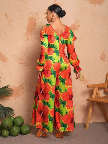 BELANGE HANDMADE Women Vacation Style V Neck Floral Print Wide Leg Jumpsuit With Flared Sleeves And Cut-Out Shoulders