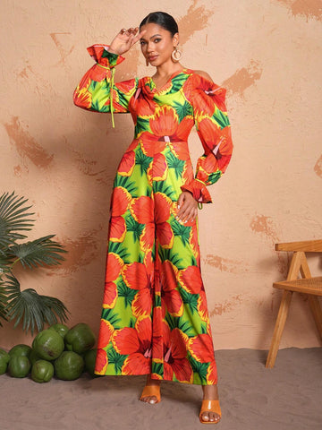 BELANGE HANDMADE Women Vacation Style V Neck Floral Print Wide Leg Jumpsuit With Flared Sleeves And Cut-Out Shoulders