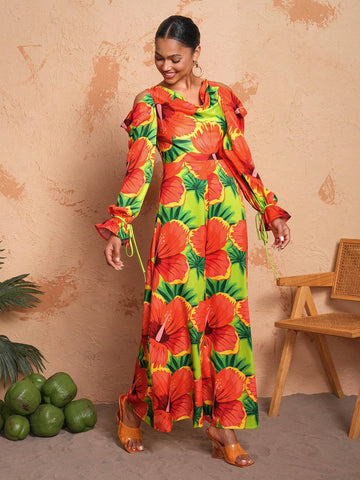 BELANGE HANDMADE Women Vacation Style V Neck Floral Print Wide Leg Jumpsuit With Flared Sleeves And Cut-Out Shoulders