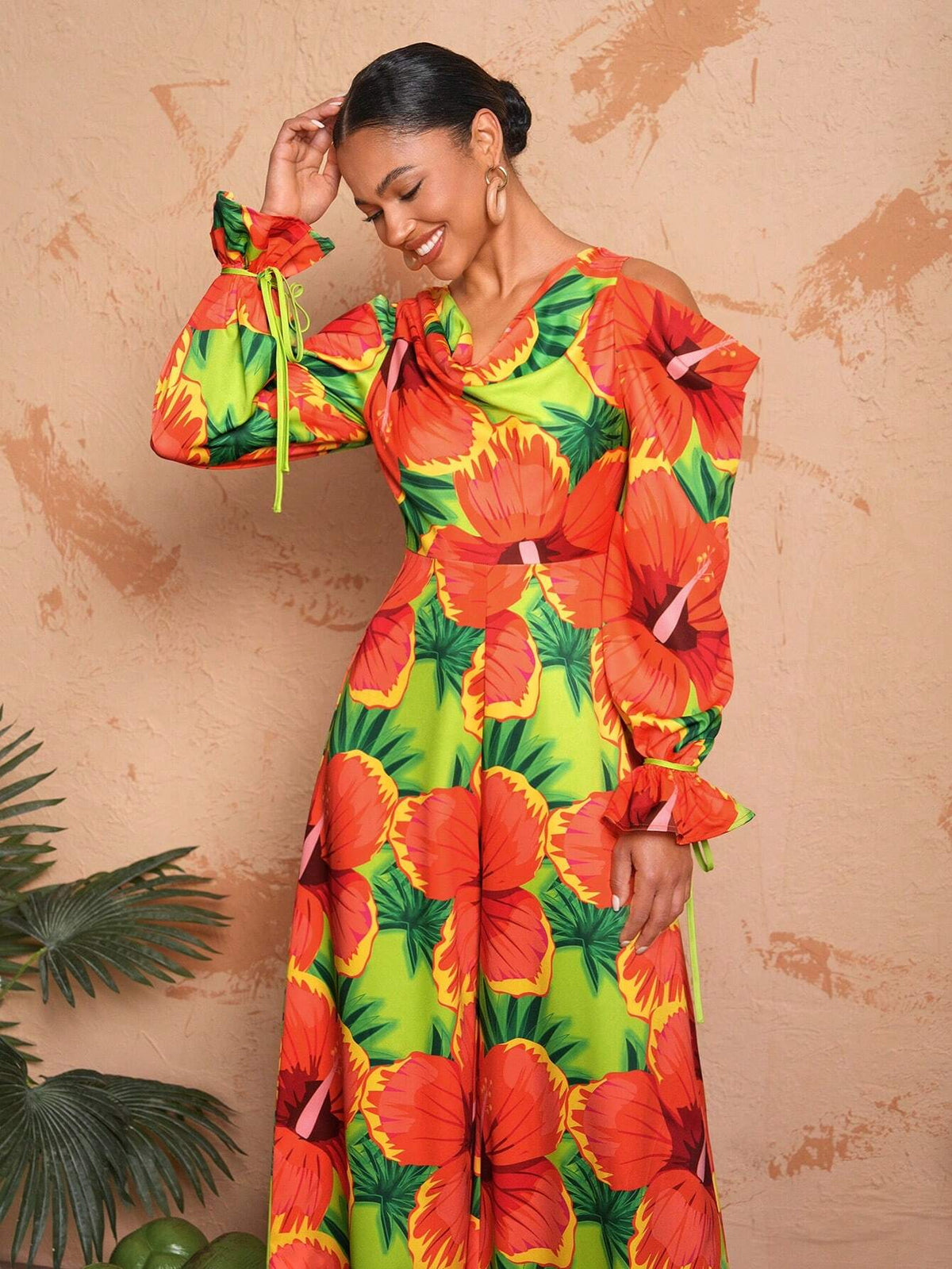 BELANGE HANDMADE Women Vacation Style V Neck Floral Print Wide Leg Jumpsuit With Flared Sleeves And Cut-Out Shoulders