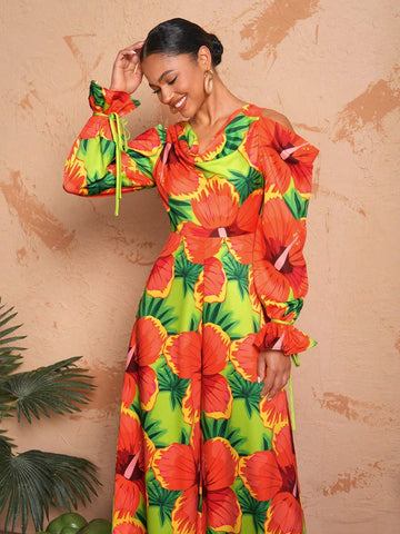 BELANGE HANDMADE Women Vacation Style V Neck Floral Print Wide Leg Jumpsuit With Flared Sleeves And Cut-Out Shoulders