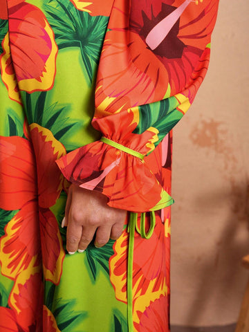 BELANGE HANDMADE Women Vacation Style V Neck Floral Print Wide Leg Jumpsuit With Flared Sleeves And Cut-Out Shoulders