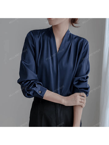 Ladies Chiffon Satin Blouse Long Sleeve V-Neck Professional Top
