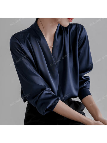 Ladies Chiffon Satin Blouse Long Sleeve V-Neck Professional Top