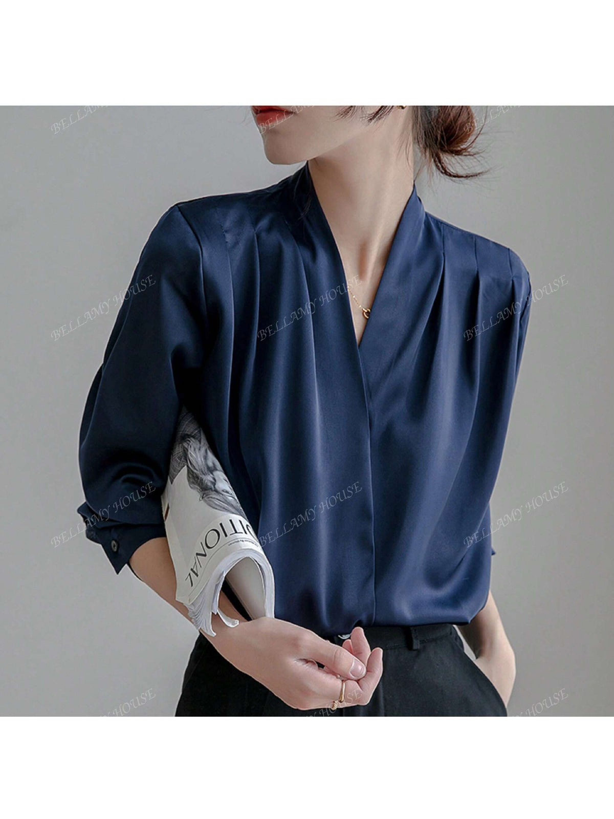 Ladies Chiffon Satin Blouse Long Sleeve V-Neck Professional Top