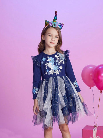 Autumn Long Sleeve Girls Dresses Snowflakes Printed Children Princess Dress Unicorn Cartoon Irregular Mesh Young Girl Christmas Party Clothing