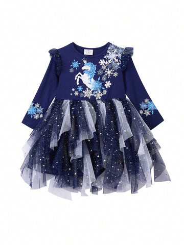 Autumn Long Sleeve Girls Dresses Snowflakes Printed Children Princess Dress Unicorn Cartoon Irregular Mesh Young Girl Christmas Party Clothing