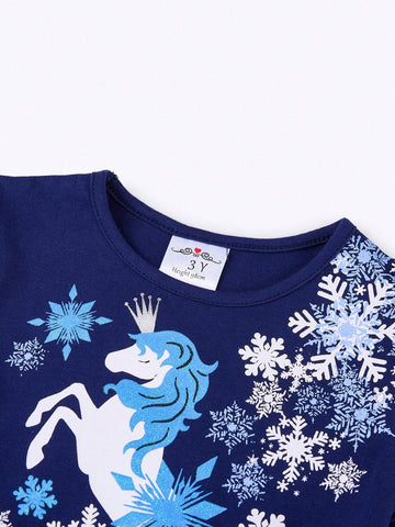 Autumn Long Sleeve Girls Dresses Snowflakes Printed Children Princess Dress Unicorn Cartoon Irregular Mesh Young Girl Christmas Party Clothing