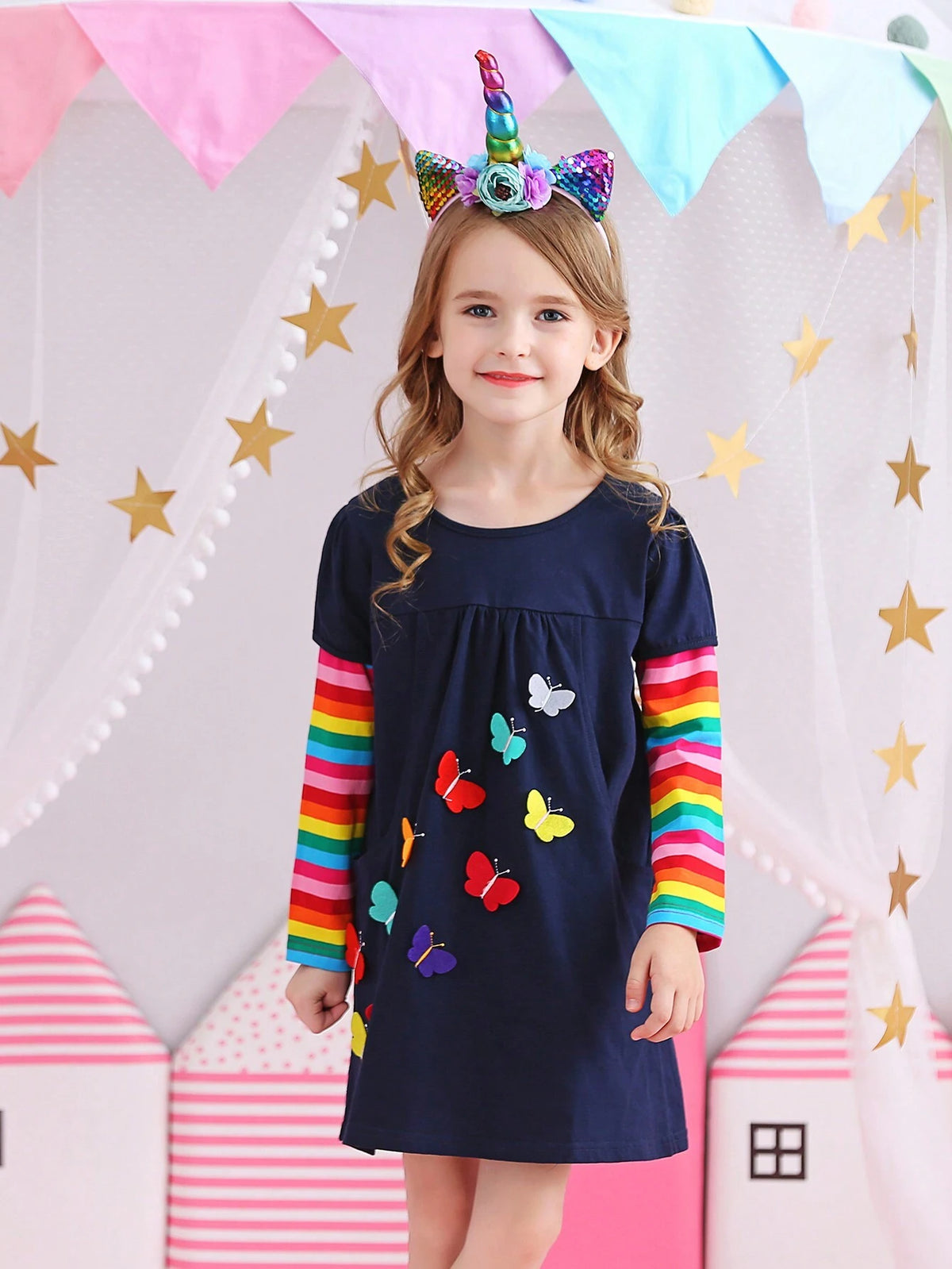 Autumn Winter Long Sleeve Girls Dresses Rainbow Striped Young Girl Casual Clothing Butterflies Applique Cotton Children Dress