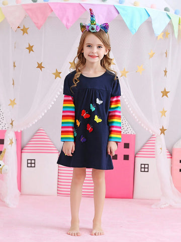 Autumn Winter Long Sleeve Girls Dresses Rainbow Striped Young Girl Casual Clothing Butterflies Applique Cotton Children Dress