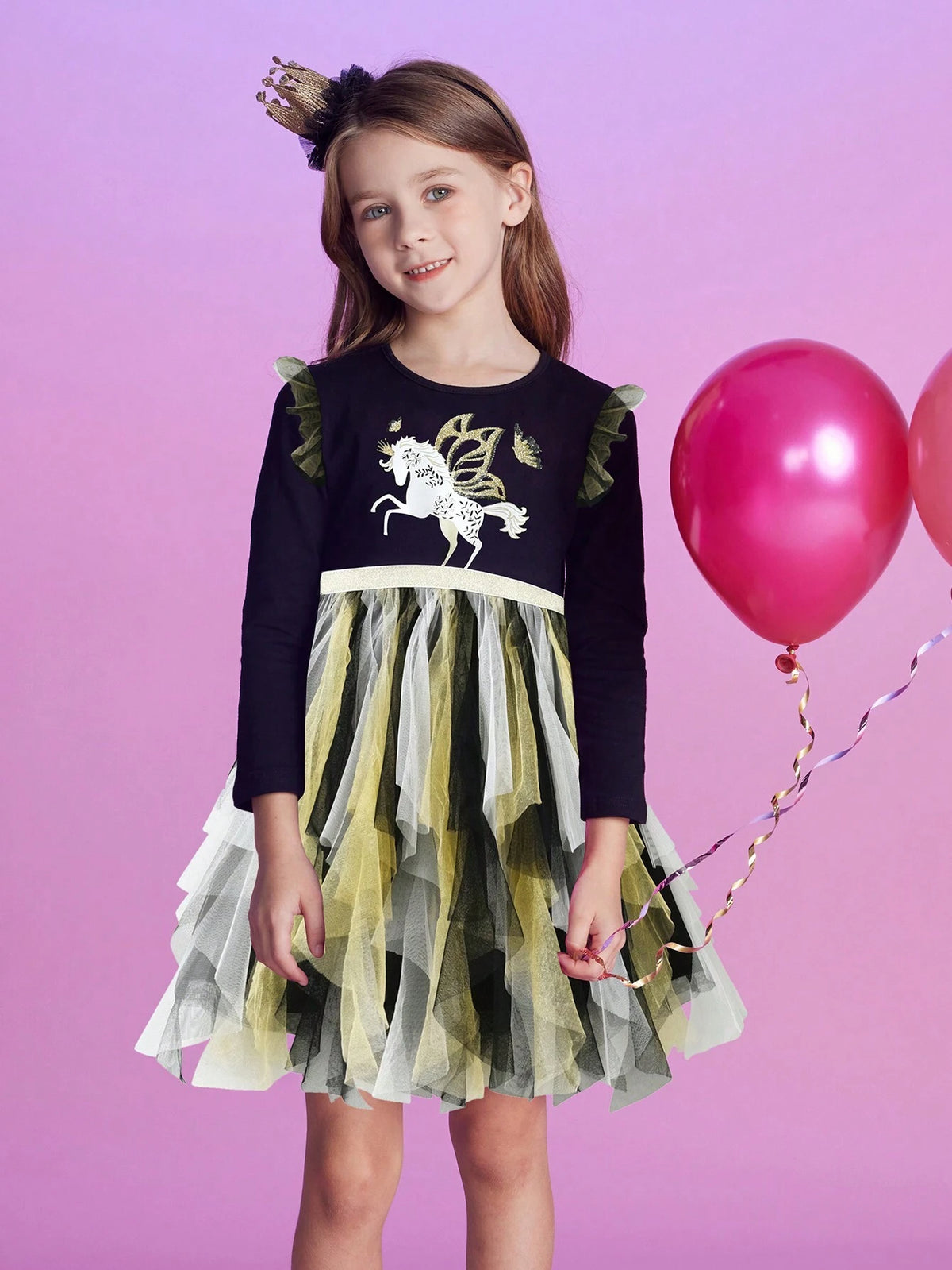 Princess Dress For Girls Uincorn Cartoon Children Birthday Party Costumes Black Asymmetric Tulle Young Girl Dress