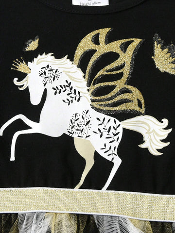 Princess Dress For Girls Uincorn Cartoon Children Birthday Party Costumes Black Asymmetric Tulle Young Girl Dress