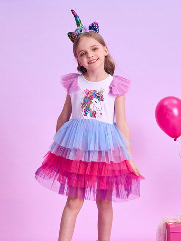 Flare Sleeveless Princess Girls Dresses Unicorn Cartoon Sequined Young Girl Dress Layer Mesh Children Elegant Party Toddler Clothing