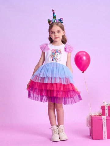 Flare Sleeveless Princess Girls Dresses Unicorn Cartoon Sequined Young Girl Dress Layer Mesh Children Elegant Party Toddler Clothing