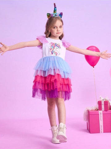 Flare Sleeveless Princess Girls Dresses Unicorn Cartoon Sequined Young Girl Dress Layer Mesh Children Elegant Party Toddler Clothing