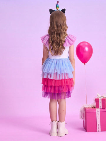 Flare Sleeveless Princess Girls Dresses Unicorn Cartoon Sequined Young Girl Dress Layer Mesh Children Elegant Party Toddler Clothing