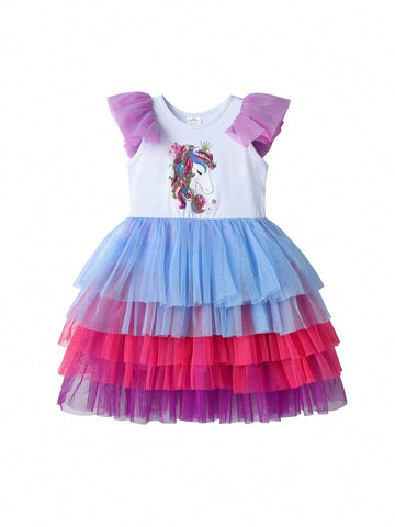 Flare Sleeveless Princess Girls Dresses Unicorn Cartoon Sequined Young Girl Dress Layer Mesh Children Elegant Party Toddler Clothing