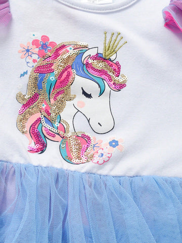 Flare Sleeveless Princess Girls Dresses Unicorn Cartoon Sequined Young Girl Dress Layer Mesh Children Elegant Party Toddler Clothing