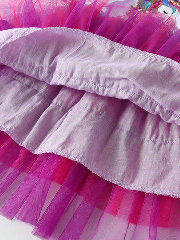 Flare Sleeveless Princess Girls Dresses Unicorn Cartoon Sequined Young Girl Dress Layer Mesh Children Elegant Party Toddler Clothing