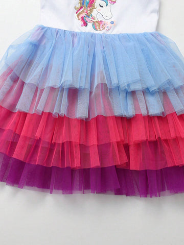 Flare Sleeveless Princess Girls Dresses Unicorn Cartoon Sequined Young Girl Dress Layer Mesh Children Elegant Party Toddler Clothing