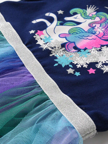 Girls Dresses Ruffles Long Sleeve Toddler Birthday Party Clothing Snowflake Winter Princess Vacation Wear Unicorn Cartoon Children Outfits