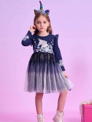 New Flying Long Sleeve Girls Dresses Unicorn Cartoon Children's Clothing Snowflake Printed Princess Dress