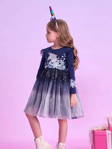 New Flying Long Sleeve Girls Dresses Unicorn Cartoon Children's Clothing Snowflake Printed Princess Dress