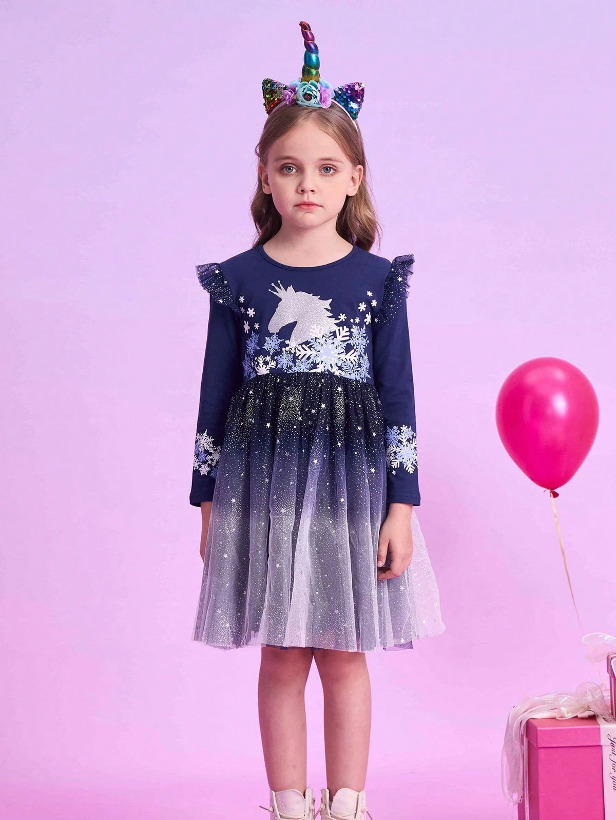New Flying Long Sleeve Girls Dresses Unicorn Cartoon Children's Clothing Snowflake Printed Princess Dress