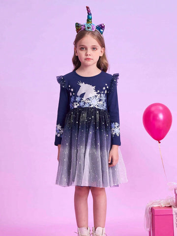 New Flying Long Sleeve Girls Dresses Unicorn Cartoon Children's Clothing Snowflake Printed Princess Dress
