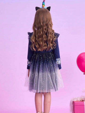 New Flying Long Sleeve Girls Dresses Unicorn Cartoon Children's Clothing Snowflake Printed Princess Dress